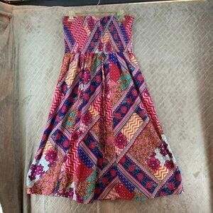 Deja Blue Dress Womens Large Colorful Floral Smocked Tube Top Sleeveless Aloha